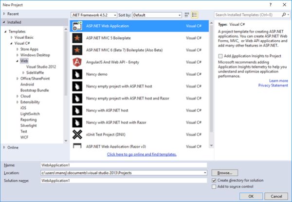 New Project Dialog box In Visual Studio 2013 